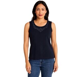 Preswick & Moore Petite Sport Sleeveless Beaded Tank Top Navy Blue Cotton PL